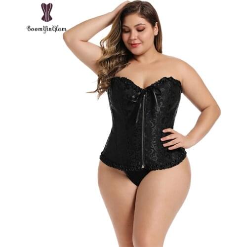 Front Zipper Floral Pleated Trim Bustier Fancy Women Corset Sexy Laced Lingerie Vintage Underwear With G-String 819