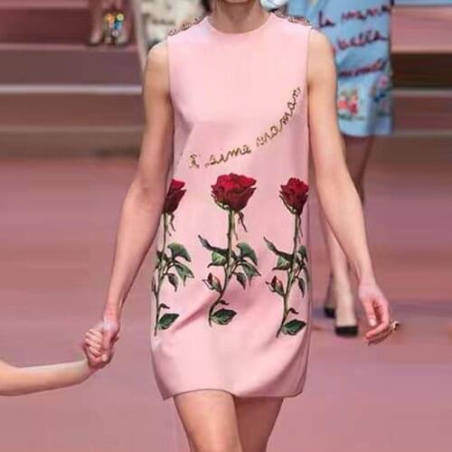Qian Han Zi designer fashion high-end custom vest dress Women Rose print beads crystal applique Luxury elegant dress