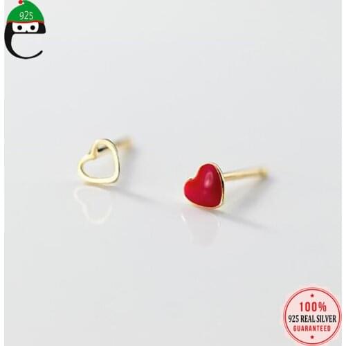 ElfoPlataSi 925 Sterling Silver Fashion Romantic Asymmetric Heart Charm Stud Earrings For Women Daughter Girls Fine Jewelry DS82