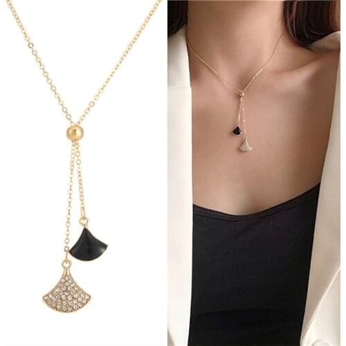 Classic Elegant Metal Chain Black Rhinestone Sector Pendant Necklace for Women Girls Teens Korean Fashion Necklaces 2021 Trend
