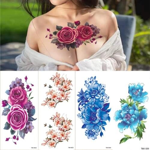 Colorful Beautiful Red Flower Temporary Tattoo Sticker For Women Fake Tatoo Sexy Rose Lotus Body Art Waterproof Tattoo