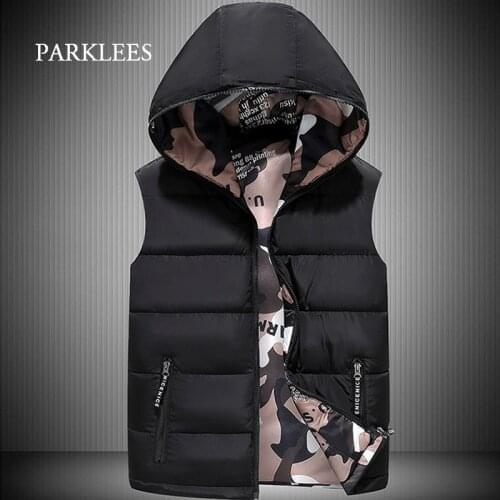 Mens Winter Vest Hooded Colorful Casual Sleeveless Outwear Solid Warm Thick Jacket Cotton-Padded Slim Autumn Hommes Veste 5XL