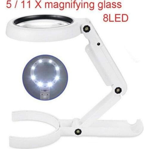 5/11X Magnifying Glass Dual Use Table Lamp Super Bright Stand Non Slip Repair Hand Held 8 LED Simple Authenticate Jewelry Home