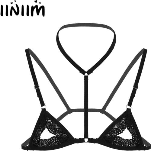 Iiniim Mens Sissy Sheer Lace Lingerie Exotic Tanks Open Nipples Spaghetti Straps Wire-free Unlined Mini Bra Tops