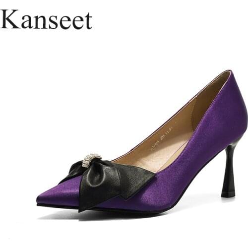 Kanseet 2021 New Womans Pumps Spring Autumn Butterfly-Knot Elegant Handmade Pointed Toe Fashion Design 7.5cm High Heels Shoes