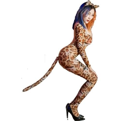 Sexy Sheer Opaque Crotch Long Zip Leopard Animal Print Catsuit with Ears Jumpsuit Bodysuit Cat Role Play Fetish Costume