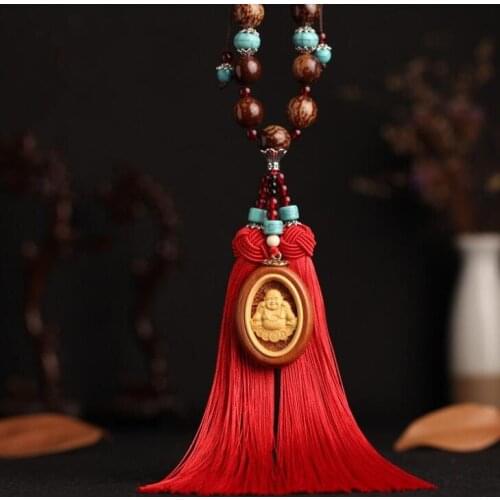Chinese Boxwood Carved Red Double Tassel Pendant Maitreya Buddha Blessing Word Card Exquisite Car Pendant Statue Gift