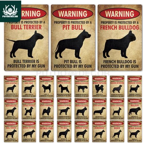 Putuo Decor Dog Warning Vintage Tin Sign Metal Sign Dog Lover Protected Dog Sign Wall Decor Farm Home Kennel Doghouse Decoration