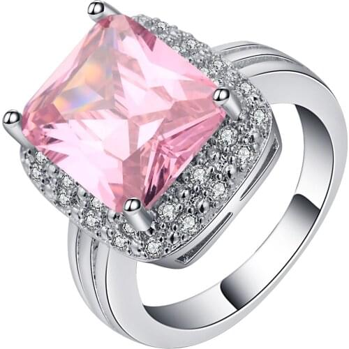 Romantic Love Pink Micro Pave Zircon Convex Square Design Ring Silver Color Shining Wedding Bands Engagement Ring For Women Gift