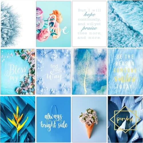 Blue Posters Living Room Wall Art Peony Flower Leaves Sea Waves Letters Painting Pictures Home Decoration Landscapes Canvas