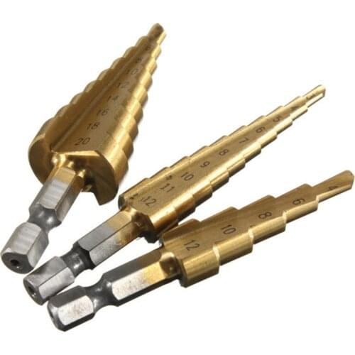Fixmee 3pcs 3-12mm 4-12mm 4-20mm Hss Steel Titanium Step Drill Bits S Woodworking Wood Metal Drilling Set