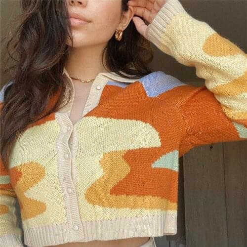Urifens Femme Top 2021 Spring Oil Painting Short Sweater Coat Women Polo Neck Vintage Slim Korean Fashion Chic Cardigan BT80U