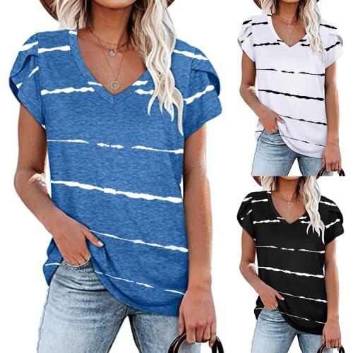 Womens Striped Print Short Sleeve Female Casual T-shirt Girl Shirts Fashion V-neck Casual Stripe Printed Short Sleeve T-shirt