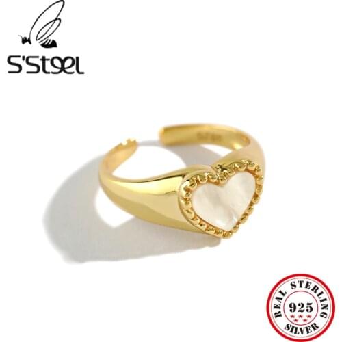 SSTEEL Rings 925 Sterling Silver For Women Korean Shell Heart Shape Opening Gold Rings Anillos Plata 925 Para Mujer Jewellery