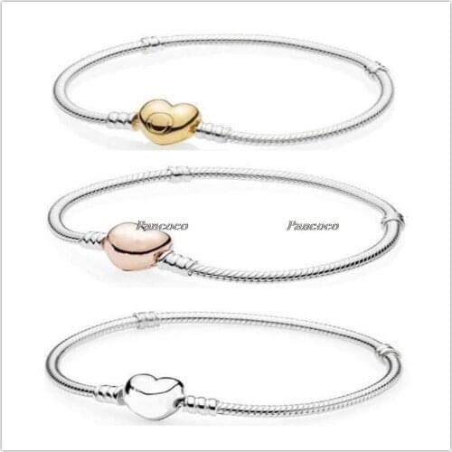 925 Sterling Silver Bracelet Rose Love Heart Clasp Snake Chain Bangle Fit Women Bead Charm Diy Pandora Jewelry