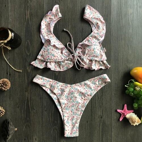 Womens Swimwear Summer Sexy Floral Print Ruffle High Cut Bikini Set Two Piece Swimsuit Two Pieces Bikini Swimsuit Beachwear