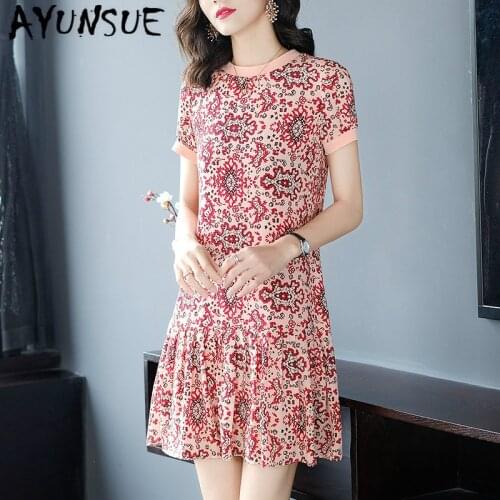 Real Silk Dress Women Summer Dress Korean Fashion Print Beach Dress Elegant Vintage Party Dress Vestidos Mujer 19427 YY2699