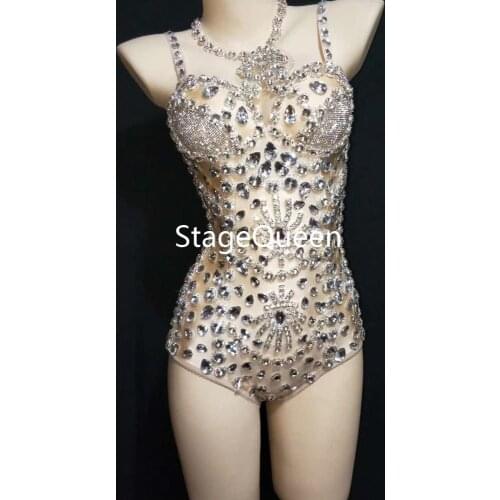 Women Sexy Bright Silver Rhinestones Bodysuit Big Stones Birthday Celebrate Evening Outfit Nightclub Singer Dancer Show Bodysuit