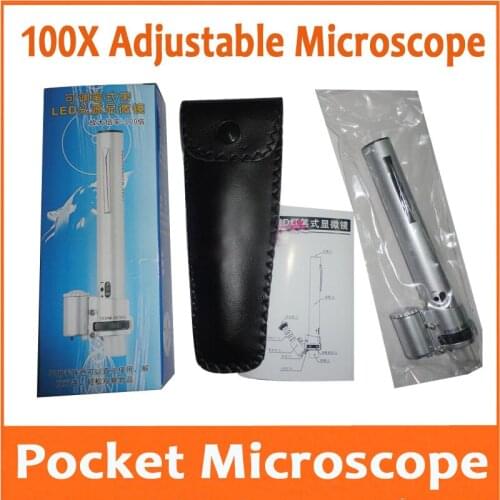 100X Adjustale Zoom Metal Pocket Microscope Pen Type LED Illuminated l band banknote check lamp magnifier portable light Loupe