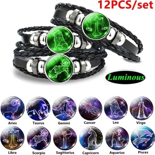12 Pcs Constellation Bracelet Set Luminous Zodiac Braided Leather Bracelet Glow In The Dark Snap Button Bracelet