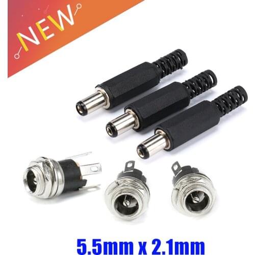 5.5mm x 2.1mm 5.5x2.1 DC Power Supply Plug Connector + Female Metal Panel Mount Socket Jack Plug DC Connectors Terminal Adapter