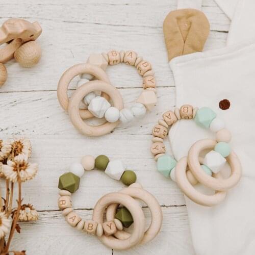 Customized Name Wooden Baby Teether Bracelet Ins Style Wooden Ring Pendant Food Grade Silicone Beads Infant Nursing Bath Gift
