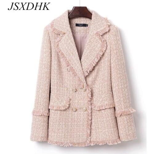 JSXDHK High Quality Designer Women Pink Plaid Tweed Jackets Coat Autumn Winter Double-Breasted Tassel Thicked Woolen Outerwear