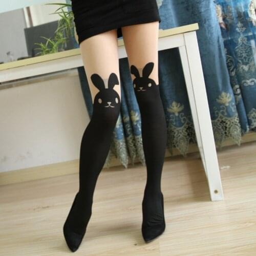 Hot Fashion Women Over the Knee Tights Cute Rabbit Girl Cartoon Tights False High Stocking High Knee Tattoo Tights Hosiery