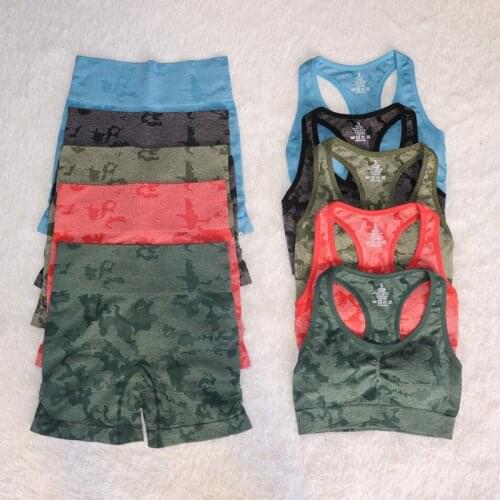 New 2 PCS Women Camouflage Summer Seamless yoga set Fitness Sports Suits GYM Clothing Yoga bra+High Waist shorts Workout set