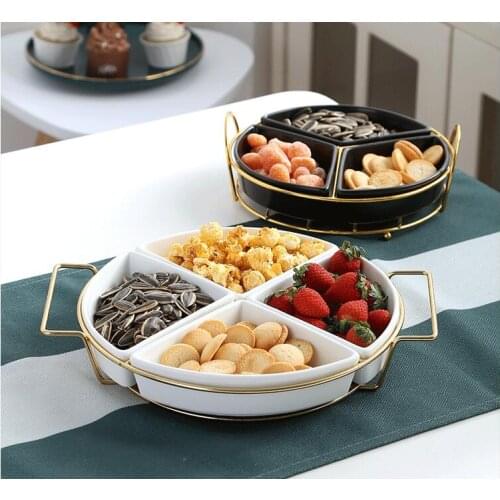 Kitchen tableware fruit plate platter Nordic handle dried fruit plate living room home ceramic creative round grid snack plate