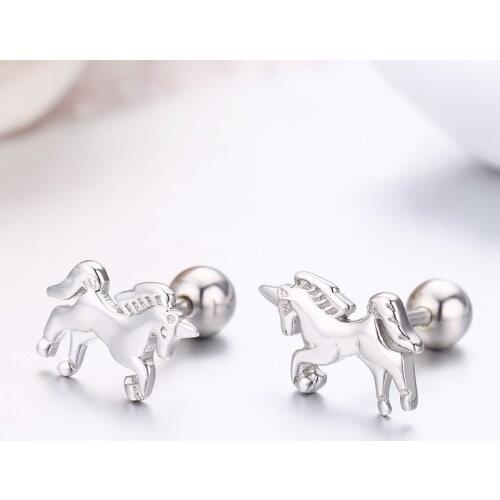 Cute 925 Sterling Silver Small Unicornio Horse Screw Stud Earrings For Women Girls Kids Baby Piercing Jewelry Orecchini Aros