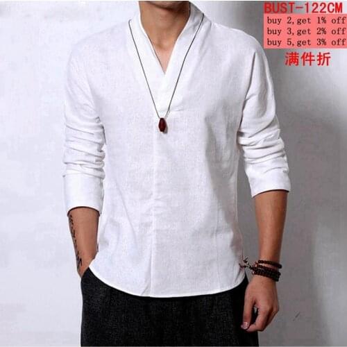 Mens linen T-shirt summer casual 5XL large size large size loose T-shirt retro V-neck T-shirt Japanese style shirt white cool