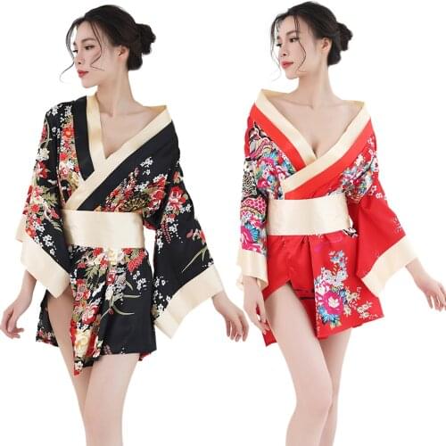 Print Flower Night Robe Suit Sleepwear Sexy Satin Kimono Short Yukata Sets Nightwear Nightgown Porn Lingerie халаты женские g4