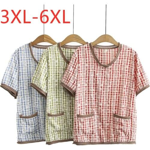 New 2021 Ladies Summer Plus Size Tops For Women Large Blouse Short Sleeve Loose Casual Cotton Linen Plaid Shirt 3XL 4XL 5XL 6XL