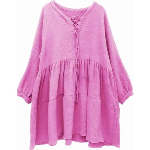 2020 NEW women long sleeve cotton linen dress,big size Spring dress 4XL 5XL 6XL ,15 candy color pink red white purple dresses