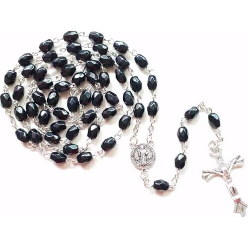QIGO Religious Pray Jewelry Long Black Crystal Rosary Necklace Saint Benedict Cross Pendant Necklace