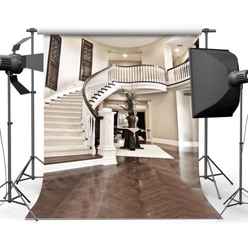 Luxurious Palace Backdrop Sprial Staircase Gloomy Wood Floor European Archiculture Interior Wedding Photography Background