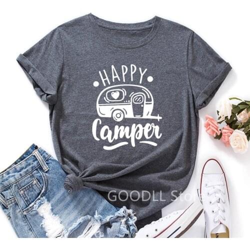 Harajuku Shirt for Women T-Shirts Happy Camper Graphic Tee Female Summer 100% Cotton Short Sleeve Casual Tops Kawaii Clothes