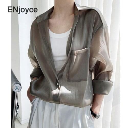 Retro Tencel Shirts Women Summer Korean Style Blouse Ladies Solid Workwear Loose Gloss Long-Sleeved Sunscreen Thin Casual Shirt