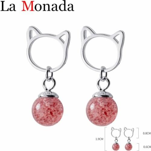 S925 Real Sterling Silver Cute Pink Strawberry Crystal Hollow Cat Stud Earrings For Fashion Girls Kids Baby Jewelry