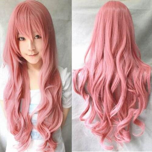 70cm Synthetic Cosplay Long Wavy Pink Hair with Bangs Hairstyle for Women Cosplay Headwear Accessories
