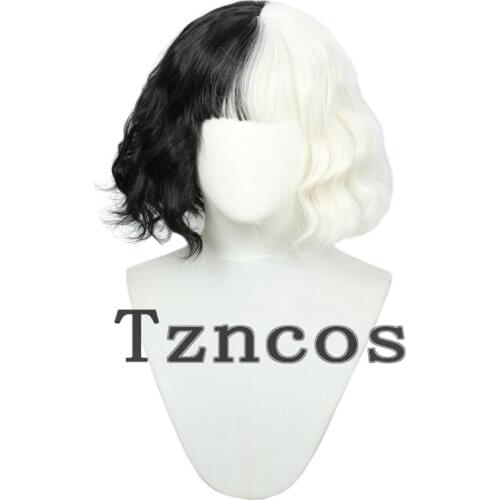 Tzncos Movie Cruella Black and White Long Wig Heat Resistant Synthetic Hair 2021