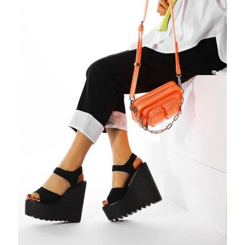 Height 14.5cm Platform Wedges Shoes Black White With Cross Straps Ultra High Heel Hot Footwear Sandals Zipper Party On Sale
