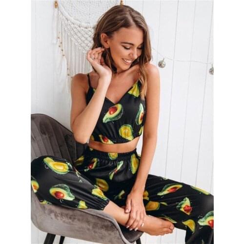 EV&RE Sleeveless Spaghetti Strap Top Nighties For Women V Neck Pattern Print Womens Pajamas 2 Pieces Set Pijama With Trouser