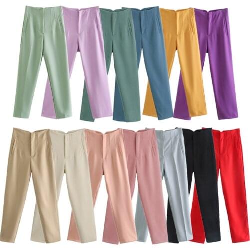 Women solid color high waist casual Pleat pants chic business Trousers female fake zipper pantalones mujer retro pants Fashion