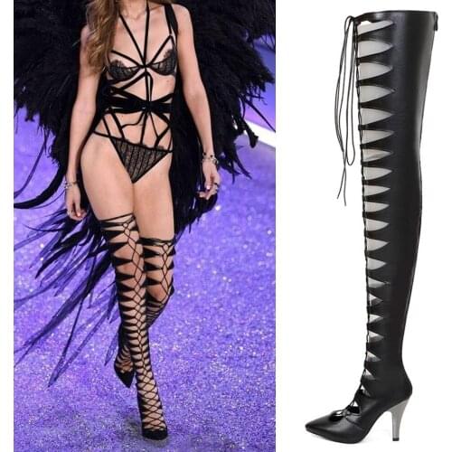 Womens Punk Gladiators Over Knee Full Length 80cm Real Leather Sandals Boots Cut Out Roman Shoes Retro High Heel Black Sexy