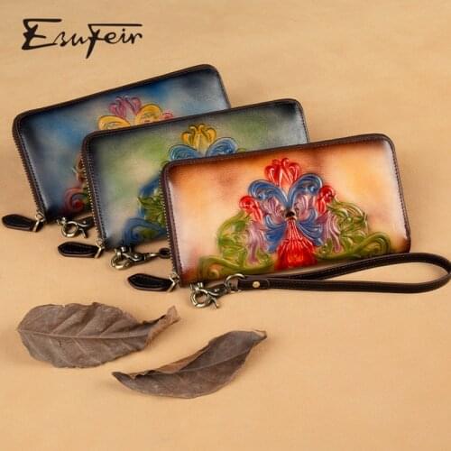 Vintage Embossed Genuine Leather Women Wallet Long Standard Wallet Luxury Handmade Purse Ladies Clutch Bag Ladies Card Holder