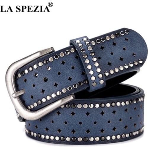 LA SPEZIA PU Leather Belt Women Rivet Pin Buckle Belts for Trousers Female Navy Designer Brand Hollow Rivet Leather Ladies Belt