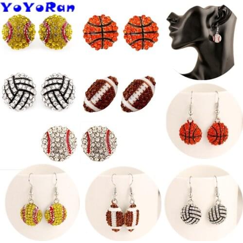 1 Pairs crystal Basketball Volleyball Baseball Rugby Football stud earrings softball sport ball rhinestone earring jewelry gift