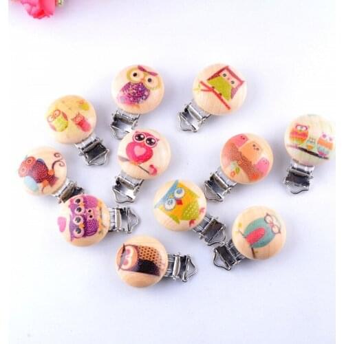 10PCs Baby Pacifier Clips Mixed Pattern Owl Natural Wood Metal Holders Cute Infant Soother Clasps Funny Accessories 4.4x2.9cm
